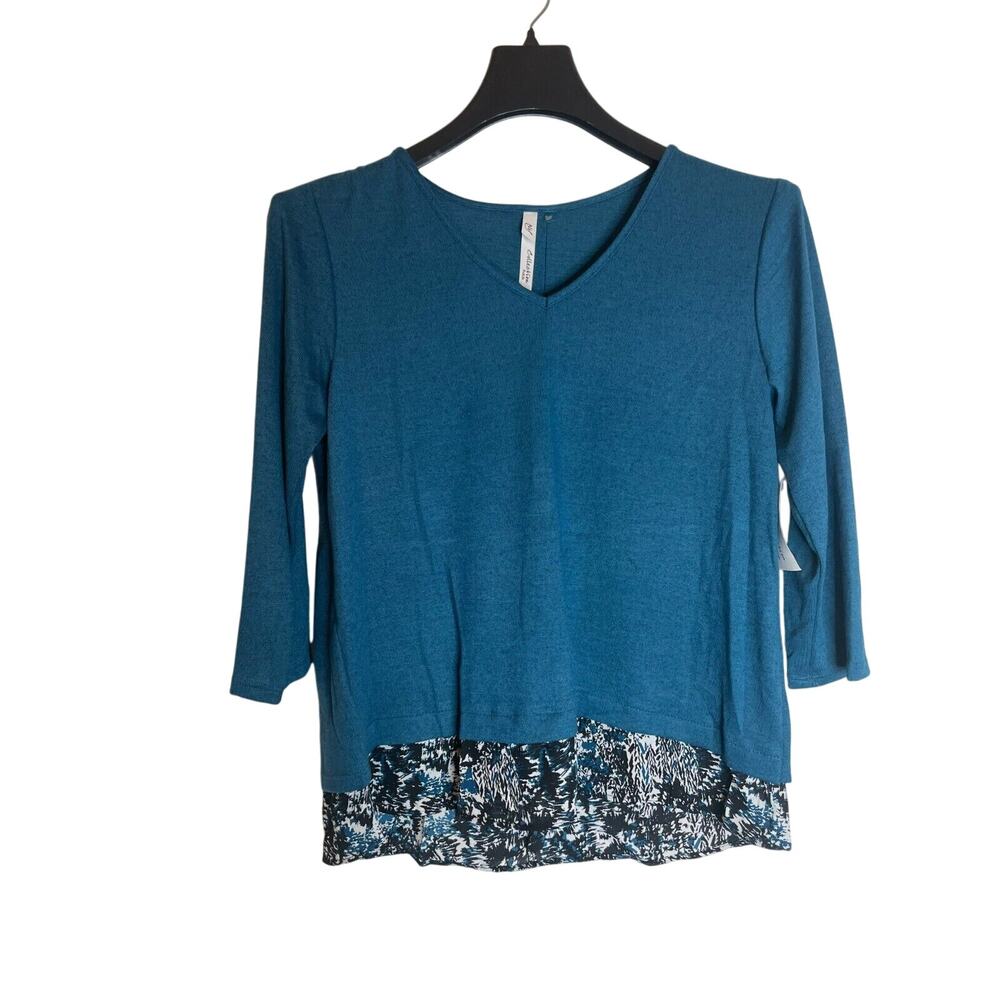 NY Collection Womens V-Neck Blouse Back Button 3/4 Sleeve Hi-Low Hem PXL Blue